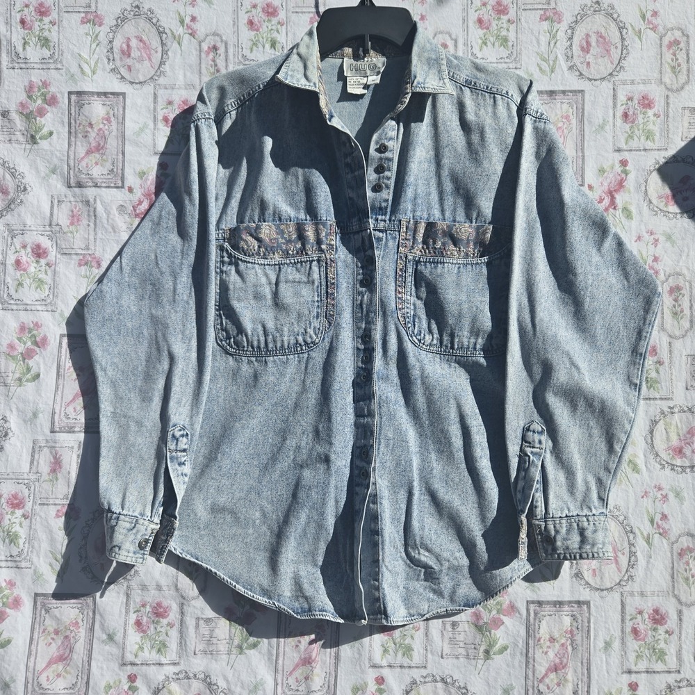 Vintage Here's A Hug Denim Shirt Paisley Pockets Button Up‎ Jean Jacket Top Sz M